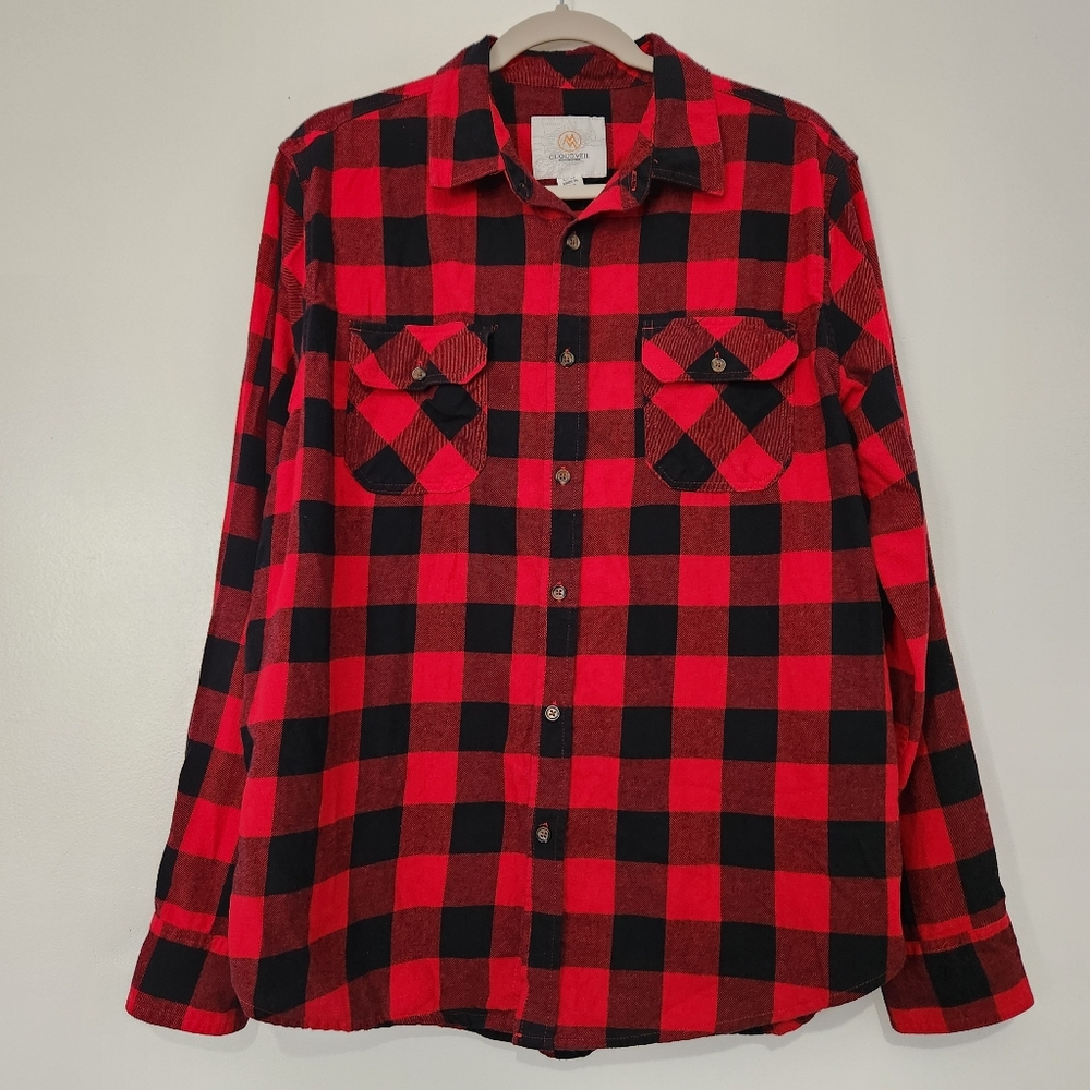 Cloudveil Mountainworks Men's L Red Black Buffalo Plaid Flannel Shirt Button Up